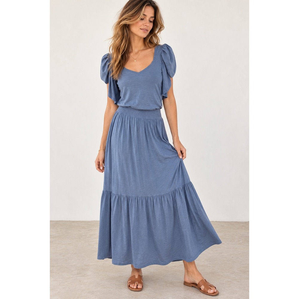 Nation LTD Dusty Blue Pima Cotton Maxi Dress Coastal Romantic XS